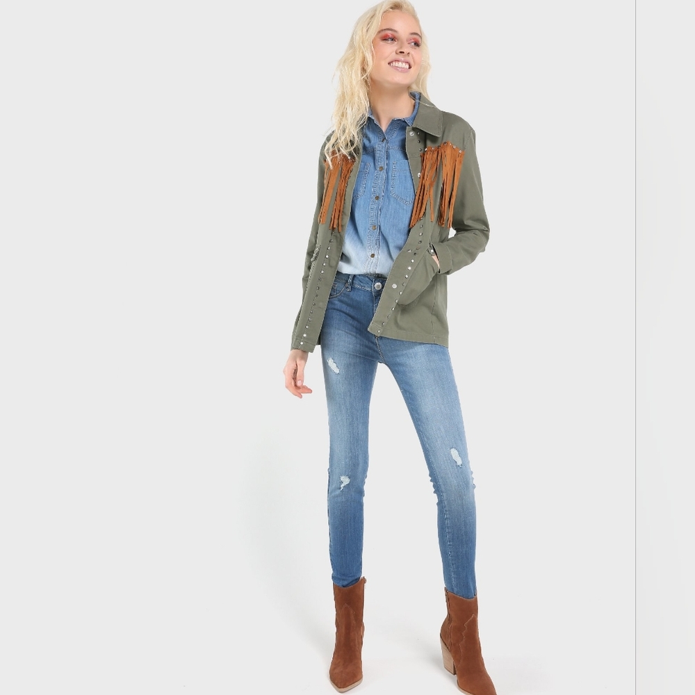 ZARA Woman Western Cowgirl Fringed Utility Jacket In M